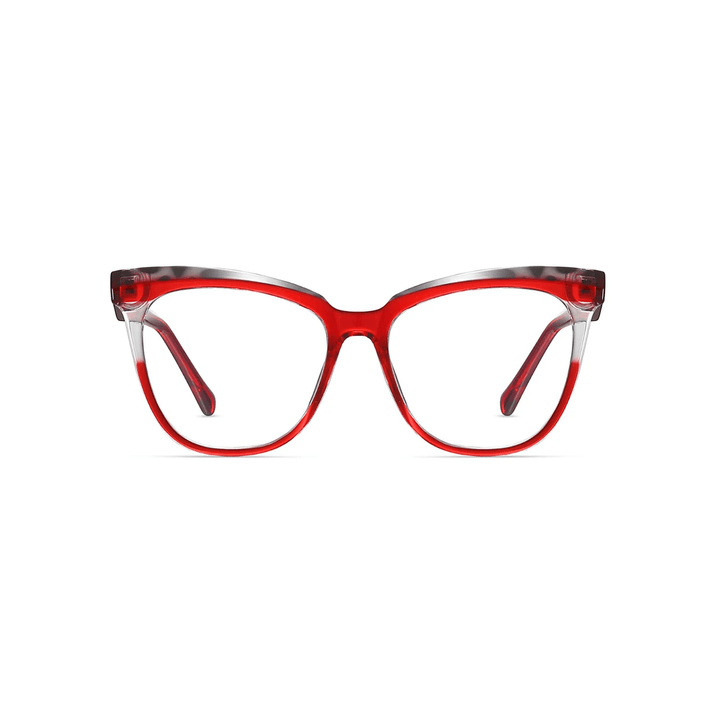 Red and clear cat-eye glasses on a white background