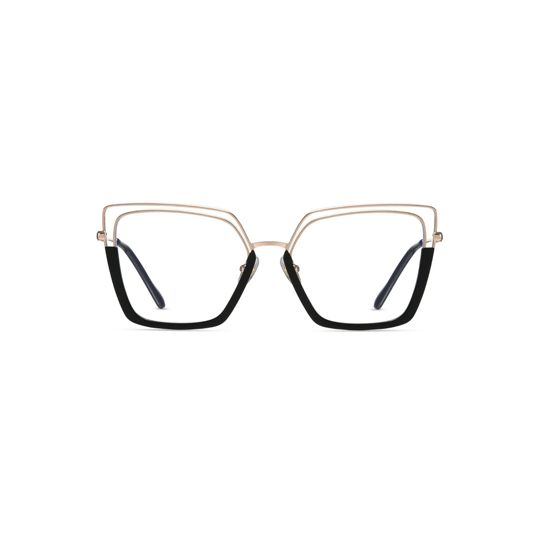Eyeglasses with gold frame and black arms on a white background