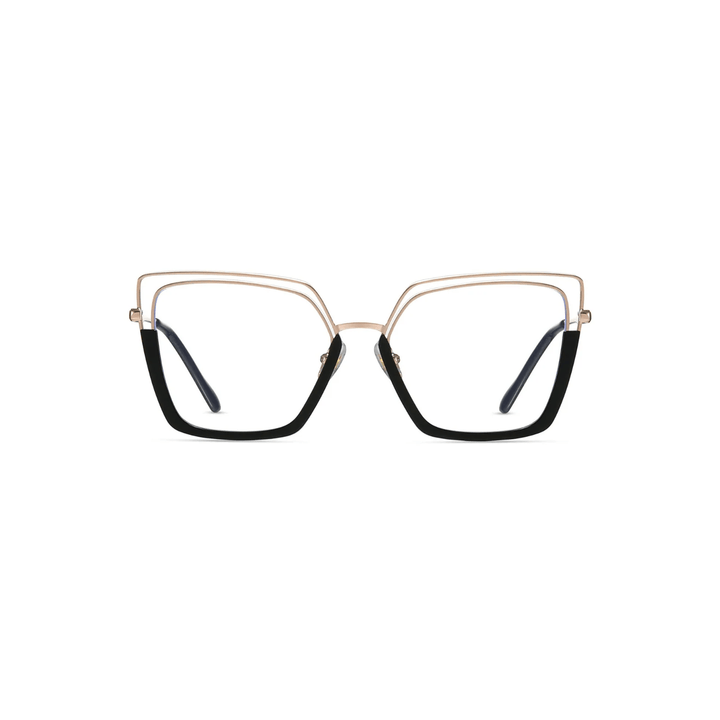 Eyeglasses with gold frame and black arms on a white background