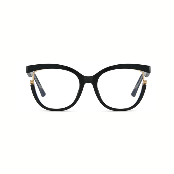 Black cat-eye glasses with gold accents on a white background