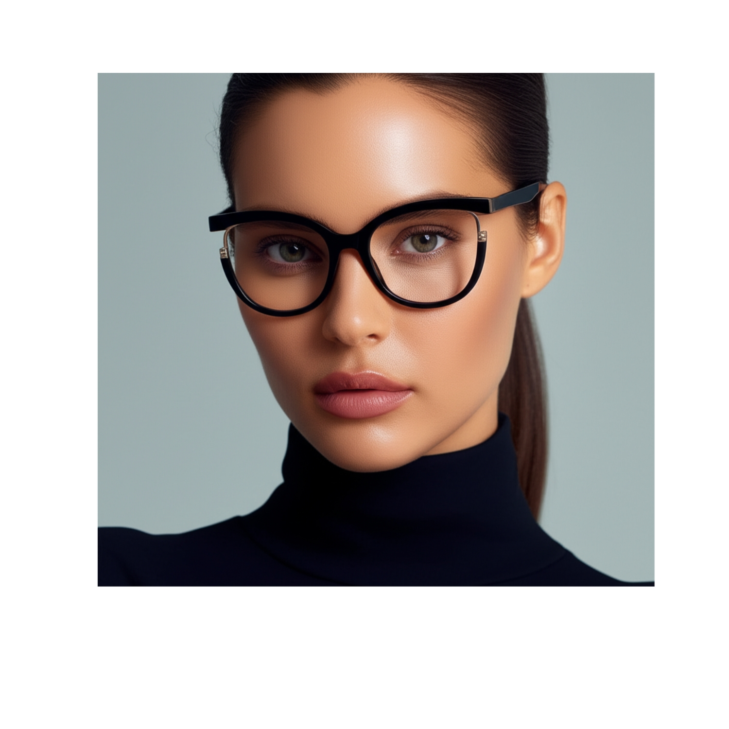 Woman wearing black glasses against a gray background