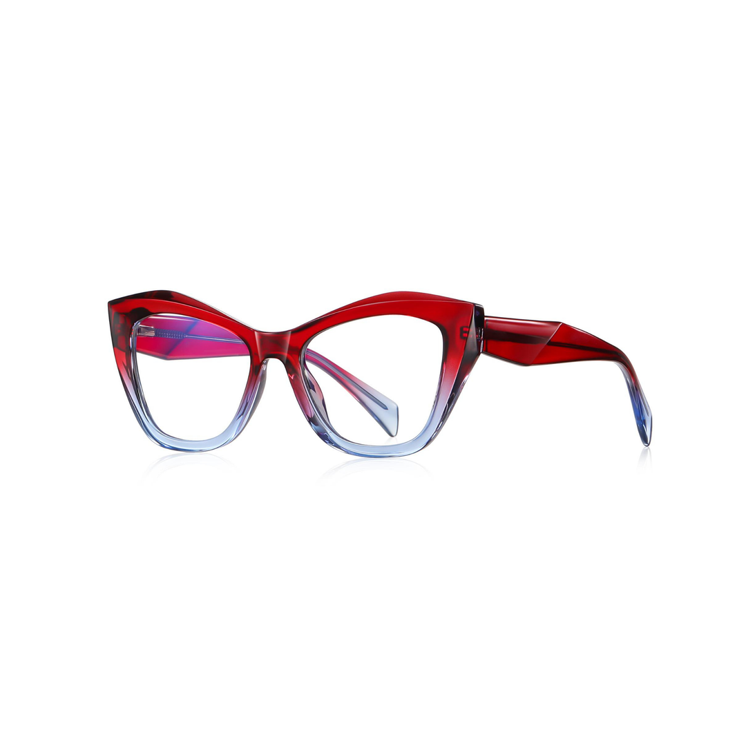 Red and blue cat-eye glasses on a white background