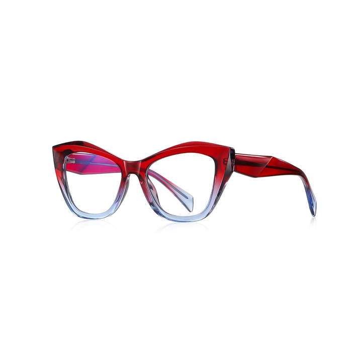 Red and blue cat-eye glasses on a white background