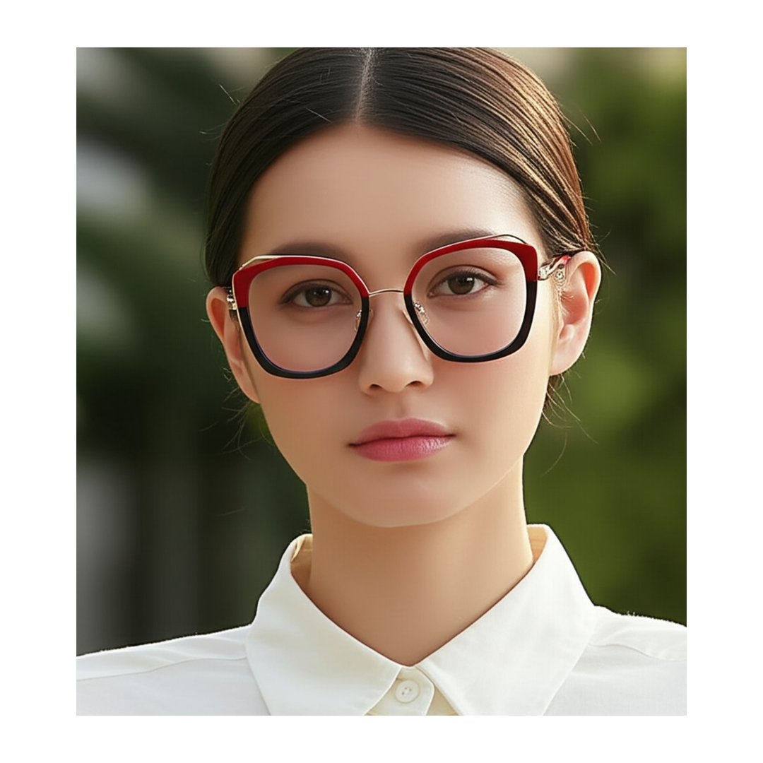 Person wearing a pair of glasses with a white shirt against a blurred green background