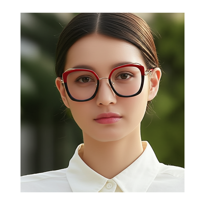 Person wearing a pair of glasses with a white shirt against a blurred green background