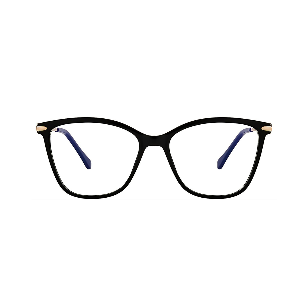 Black eyeglasses with gold accents on a white background