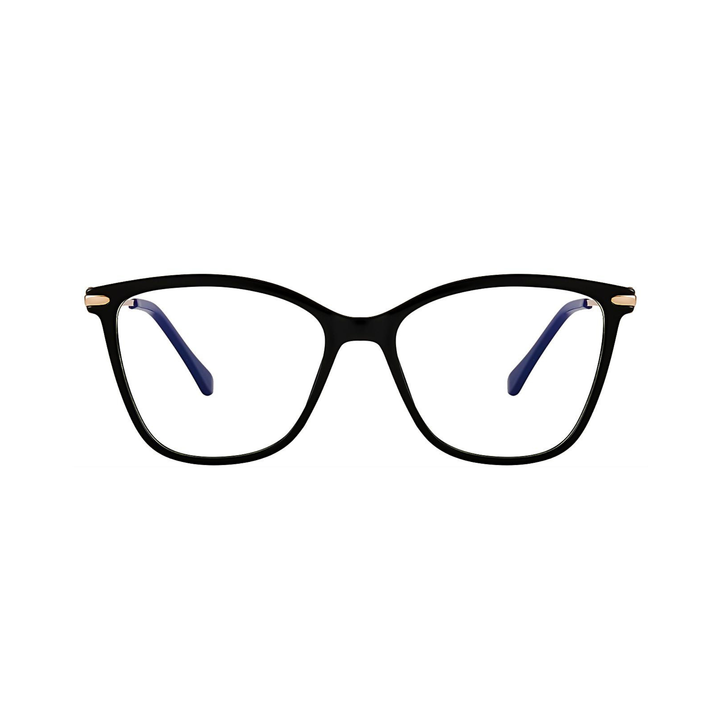Black eyeglasses with gold accents on a white background