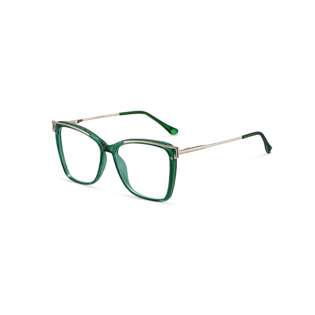 Green eyeglasses with gold accents on a white background