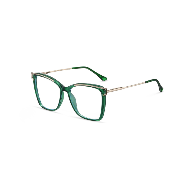 Green eyeglasses with gold accents on a white background