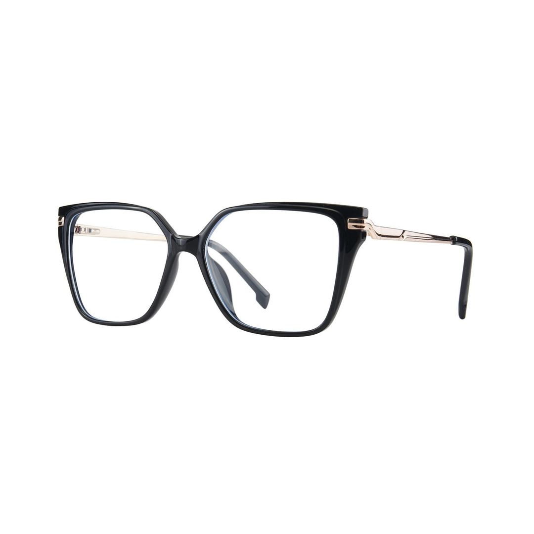 Black eyeglasses with gold accents on a white background